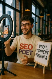 Social media content creator filming a viral content video, holding a phone with impressive engagement statistics displayed.